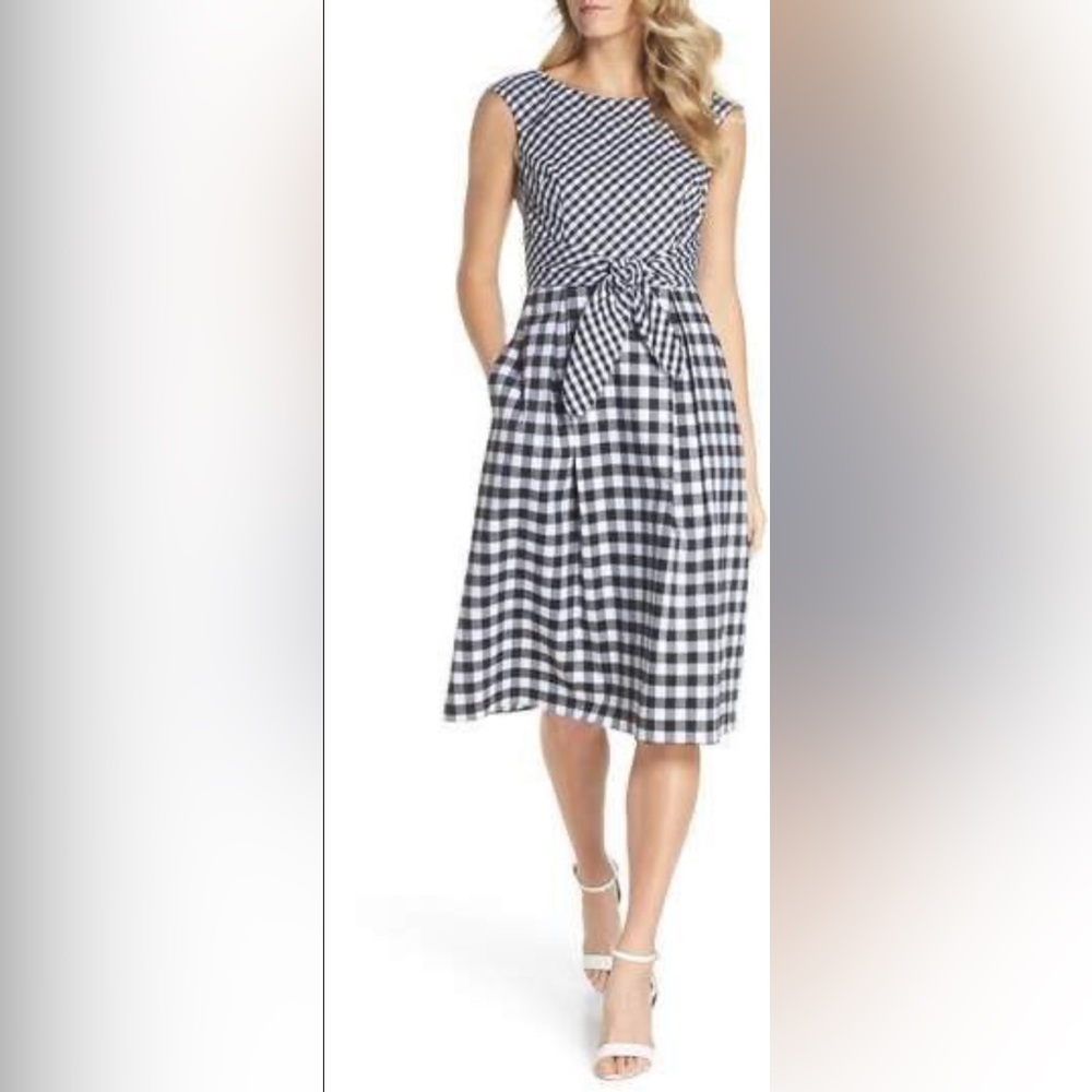 NWT Sleeveless Black & Ivory Gingham Midi Dress with Tie Waist